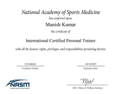 NASM Certified Personal Trainer Certificate - Manish Kumar